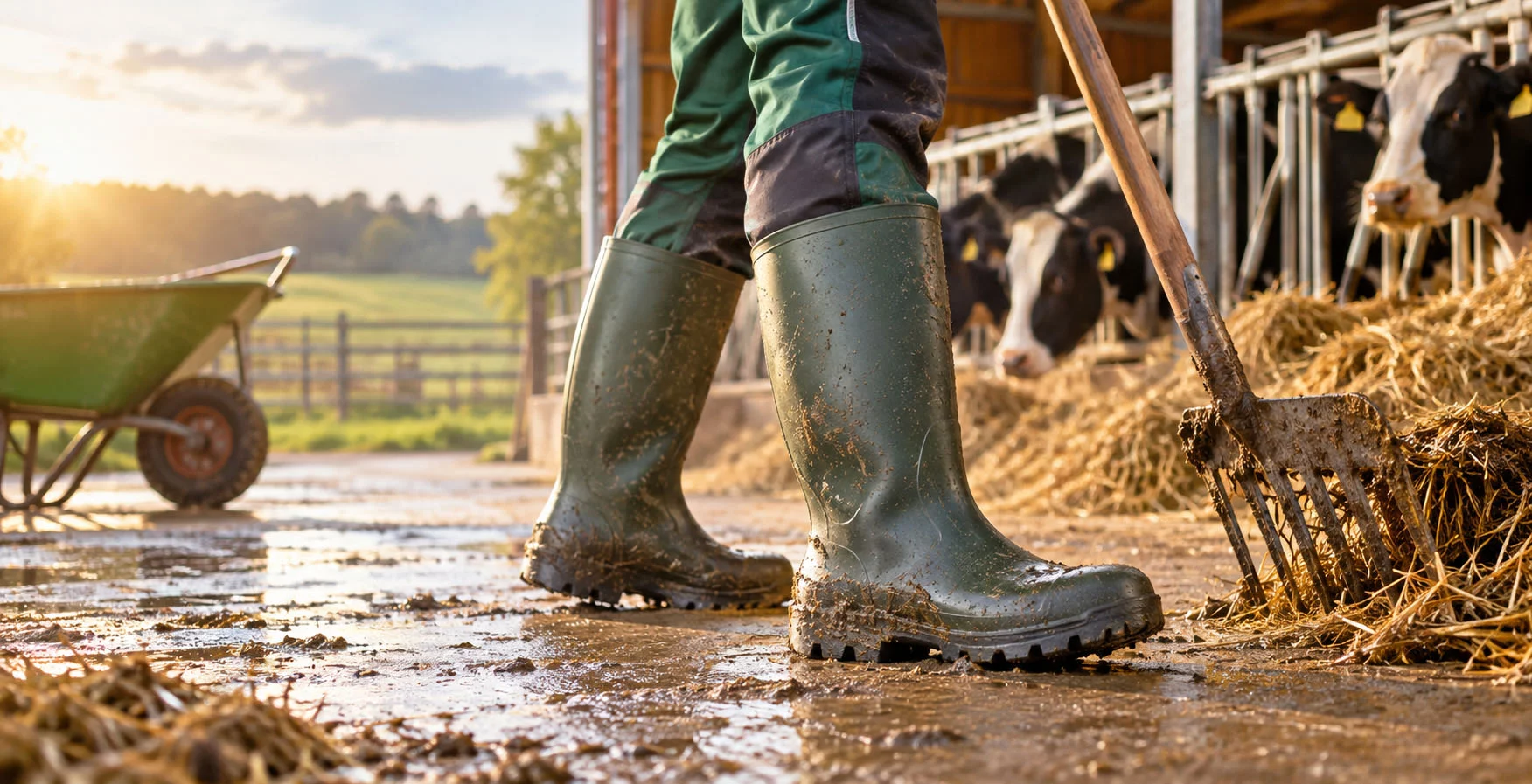 Landwirt mit robusten Gummistiefeln bei der Stallarbeit im Kuhstall