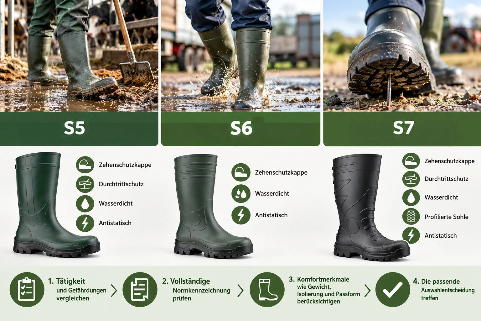 Vergleich von S5-, S6- und S7-Sicherheitsstiefeln für Landwirtschaft, Stall und Hof mit unterschiedlichen Schutzfunktionen
