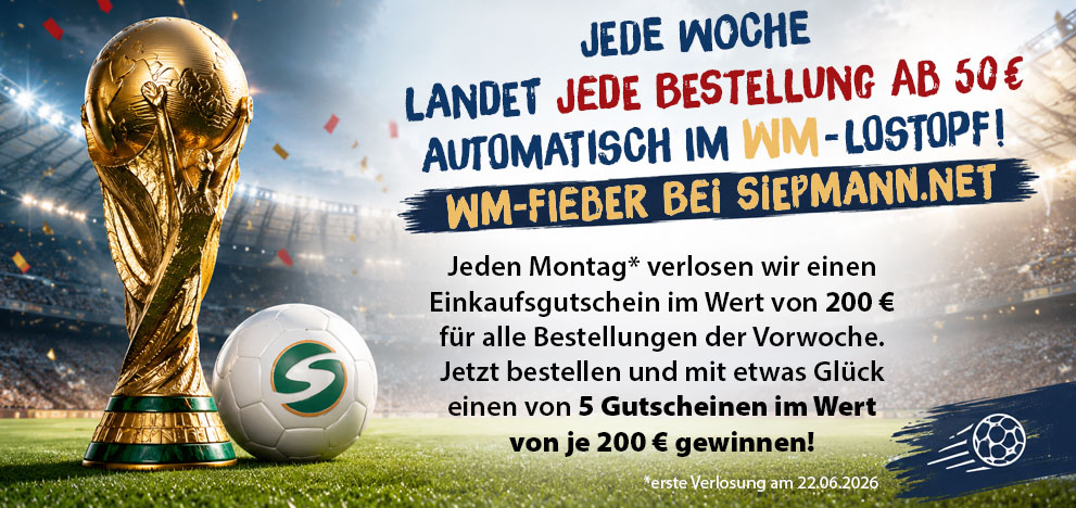 WM 2026 |Jede Woche landet jede Bestellung ab 50,-€ im LOSTOPF | Gewinnen Sie einen Gutschein von 5 im Gesamtwert von 1.000,- €