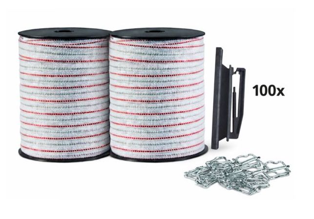 Weidezaun Frühlings-Sparset mit 2 Rollen 20 mm Breitbandlitze, 100 Isolatoren und Bandverbindern