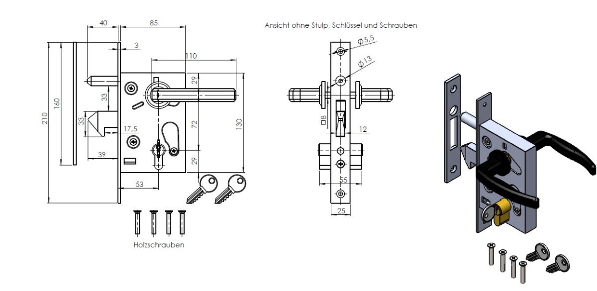 Maßskizze Schiebetor-Schloss-Set komplett