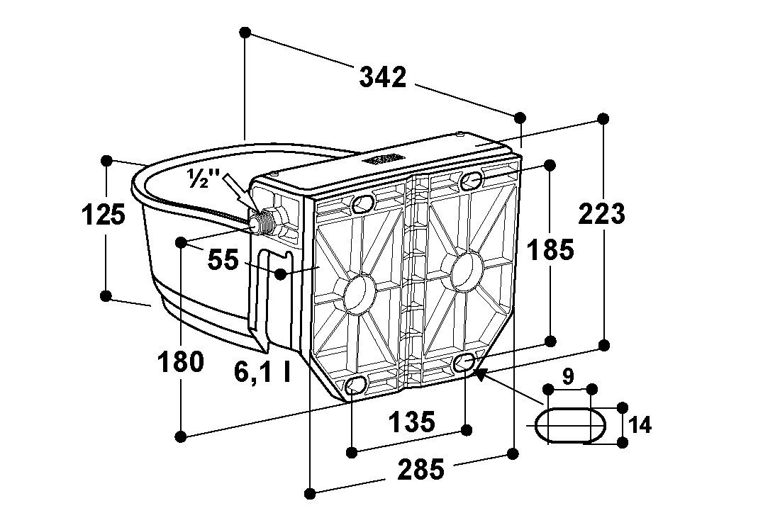 Zeichnung mit Maßen Niederdruck Schwimmertränkebecken Modell 135 P-N