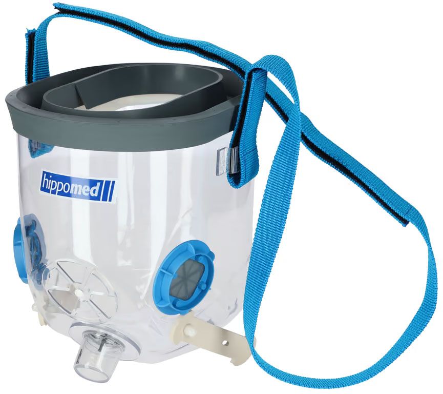 Transparente Inhalationsmaske für Pferde mit blauen Befestigungsriemen