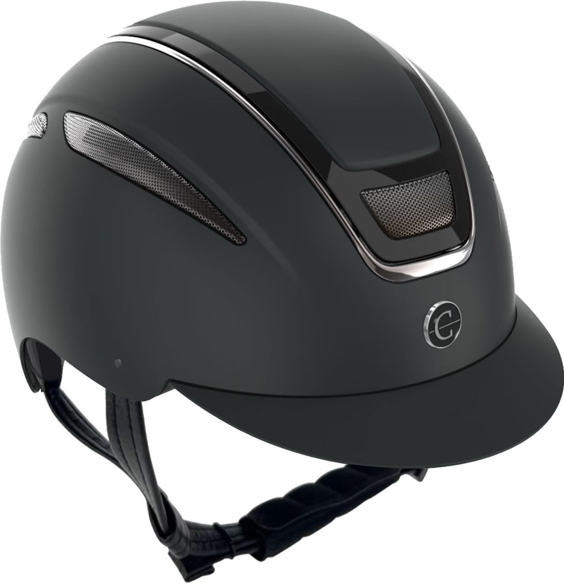 Elite, schwarz mit dekorativen Details und sicherem Kinnriemen für den Reitsport