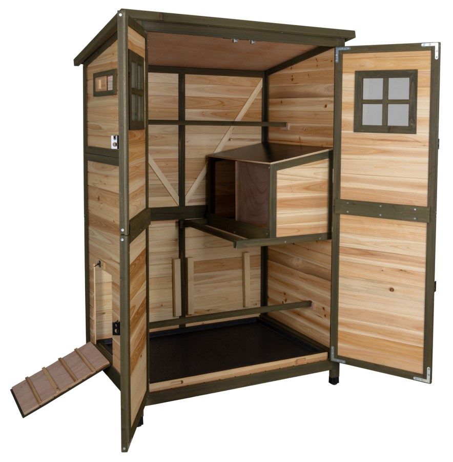 Hühnerhaus Tower: Fronttüren und Hühnerklappe geöffnet