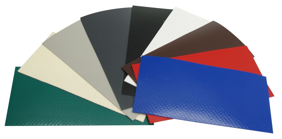 Farben von links nach rechts: grün, beige, grau, anthrazit, schwarz, weiß, braun, rot, blau