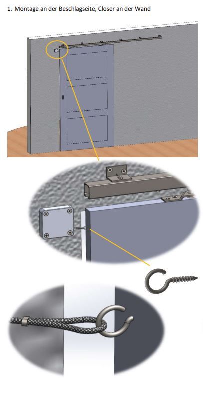 Einbauskizze 1: Montage an der Beschlagseite, Schließmechanismus an der Wand