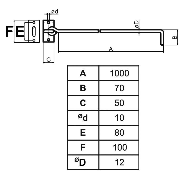 Alle Einbaumaße zum HBS-Sturmhaken 1000mm