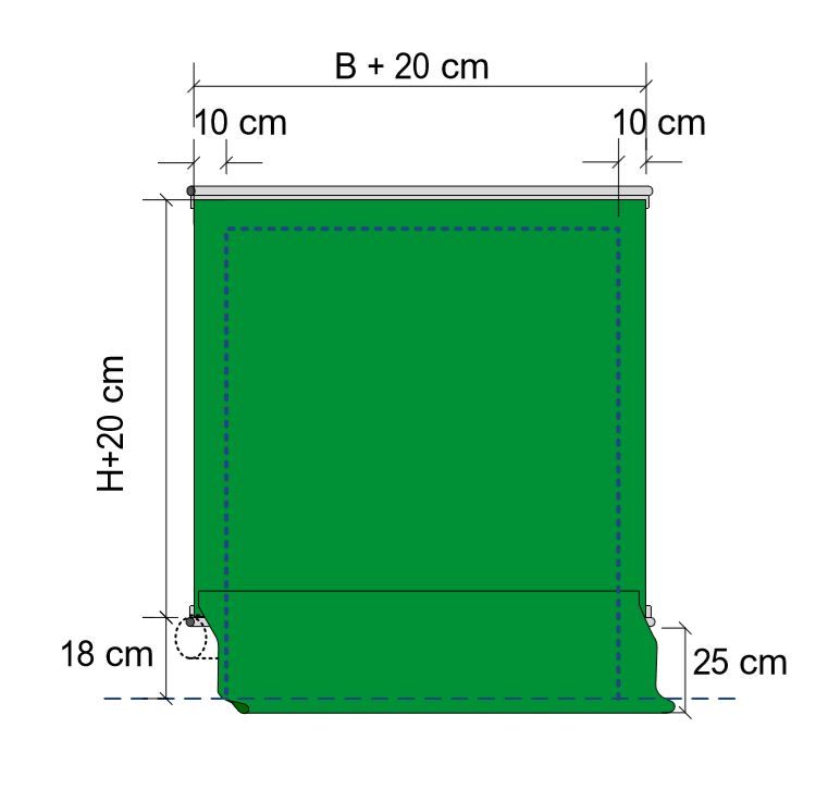 Konfektion des Torbehangs immer 20 cm breiter als die lichte Öffnung, somit 10 cm Überlappung pro Seite