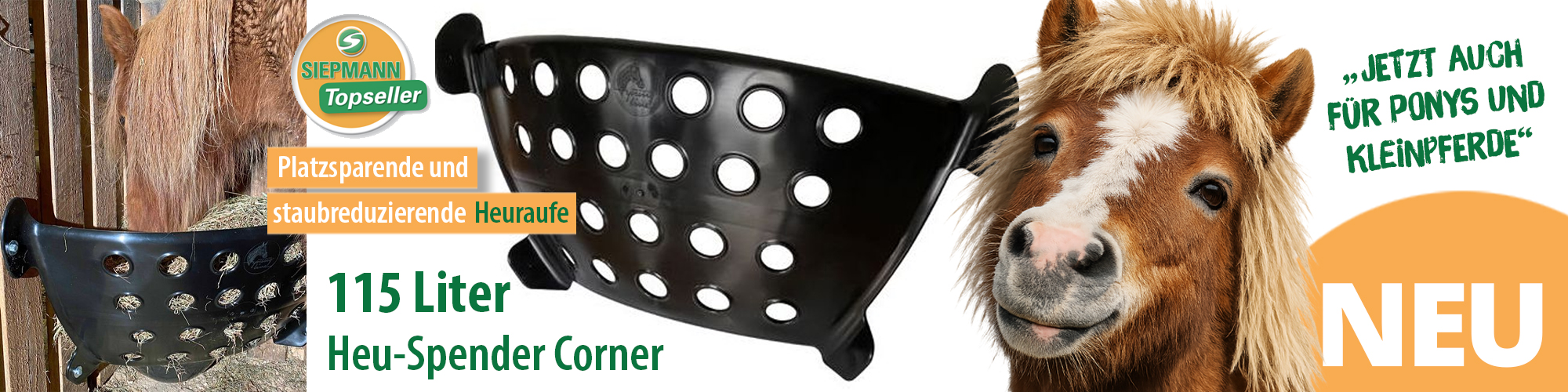 Die platzsparende und staubreduzierende Heuraufe jetzt auch für Ponys und Kleinpferde