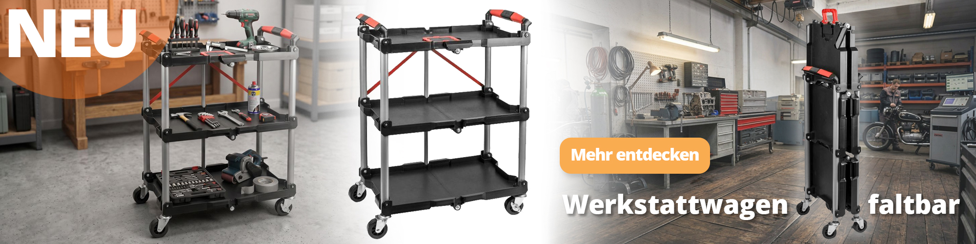 Faltbarer Werkstattwagen mit drei Ebenen, vier Lenkrollen und bis zu 150 kg Tragkraft für Werkstatt, Garage und Lager